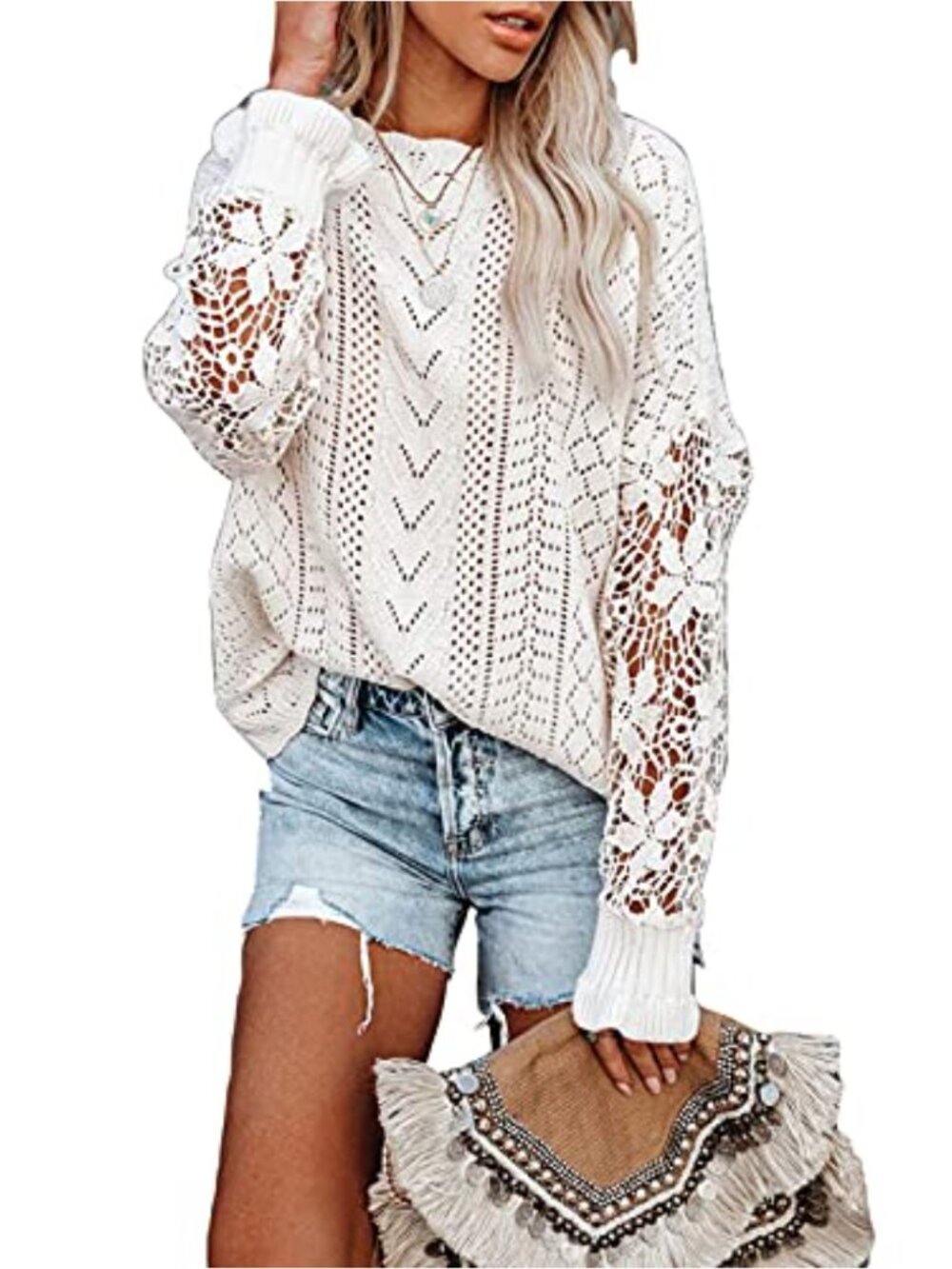 Womens Crochet Lace Sleeve Knitted Pullover Sweater Crewneck Loose Fit
